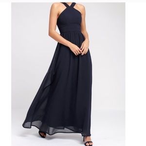 Holiday Long Evening Dress in navy blue chiffon